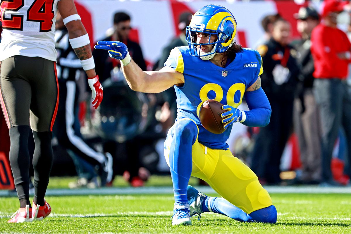 Los Angeles Rams tight end Tyler Higbee (89) reacts after a catch during the first quarter against the Tampa Bay Buccaneers in a NFC Divisional playoff football game at Raymond James Stadium.