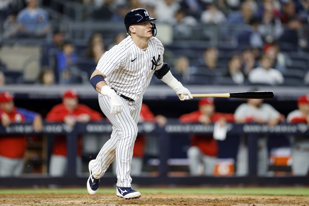 Josh Donaldson of the New York Yankees swings during the seventh inning against the Philadelphia Phillies at Yankee Stadium on April 04, 2023 in the Bronx borough of New York City.
