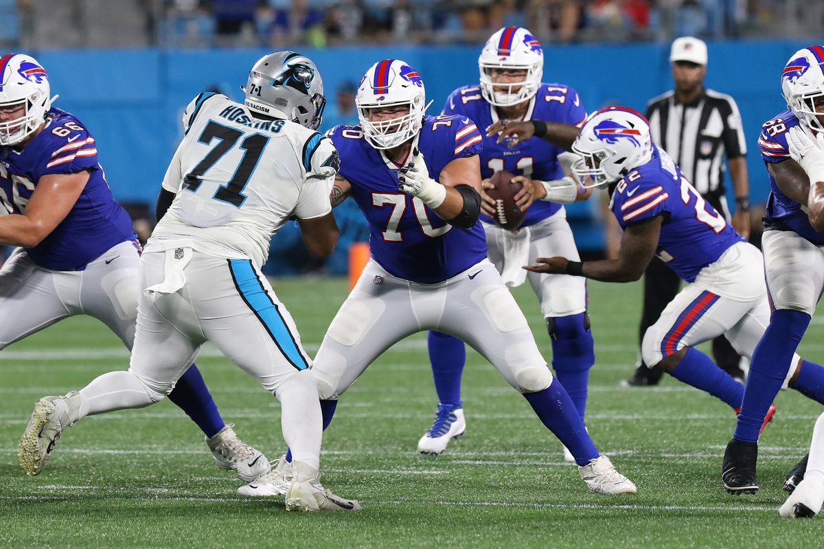 Buffalo Bills tackle Alec Anderson (70) during a NFL preseason football game between the Buffalo Bills and the Carolina Panthers on August 26, 2022 at Bank of America Stadium in Charlotte, N.C.