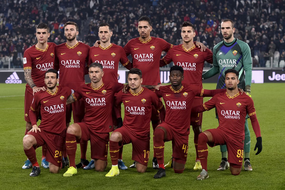 Players of AS Roma pose for a team photo prior to the Coppa...