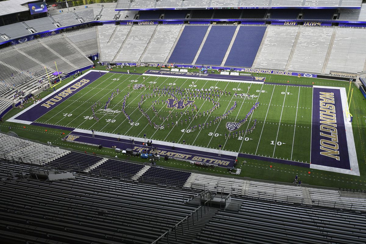 A general view of the Washington Huskies Band practicing before the game between the Washington Huskies and the Montana Grizzlies at Husky Stadium on September 4, 2021 in Seattle, Washington.