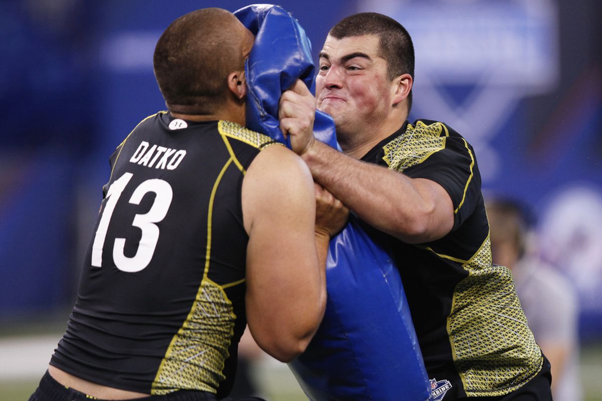 Offensive lineman David DeCastro, right, of Stanford participates in a drill during the 2012 NFL Combine at Lucas Oil Stadium on February 25, 2012 in Indianapolis, Indiana. (Photo by Joe Robbins/Getty Images)