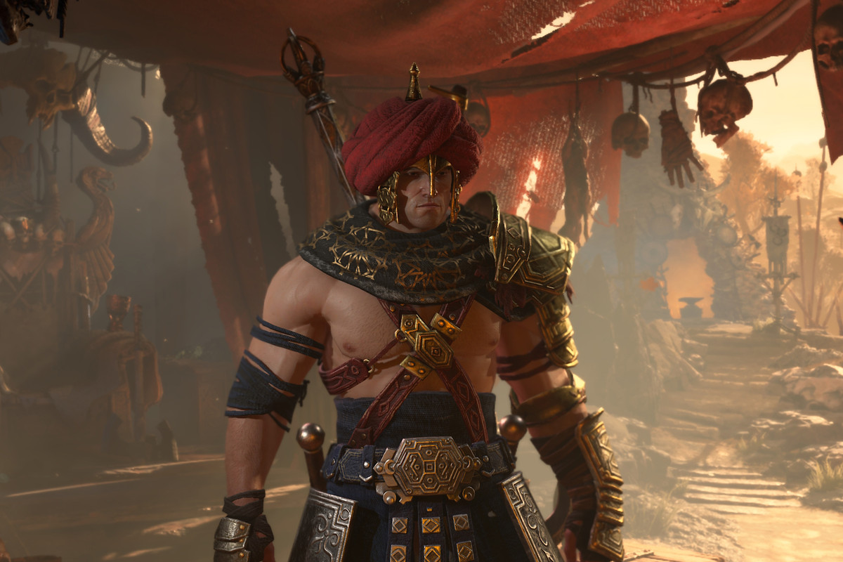 A barbarian stands underneath a tarp in a desert in Diablo 4.