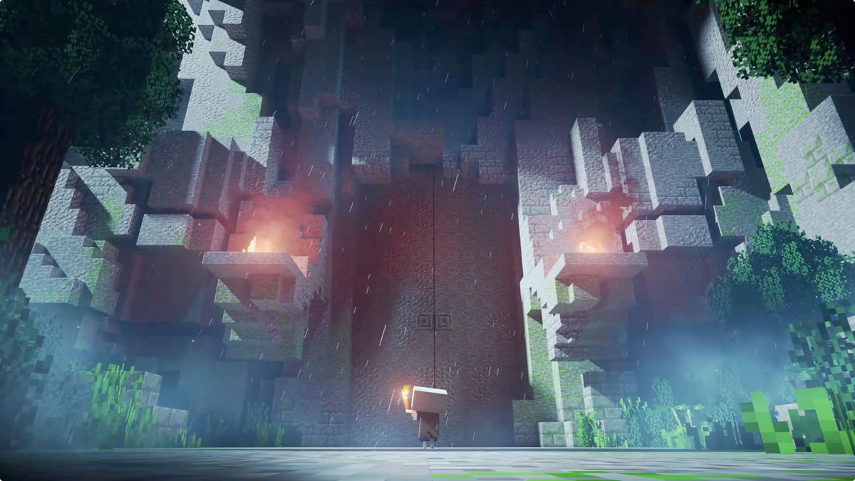 A Minecraft Dungeons player stands in front of huge doors