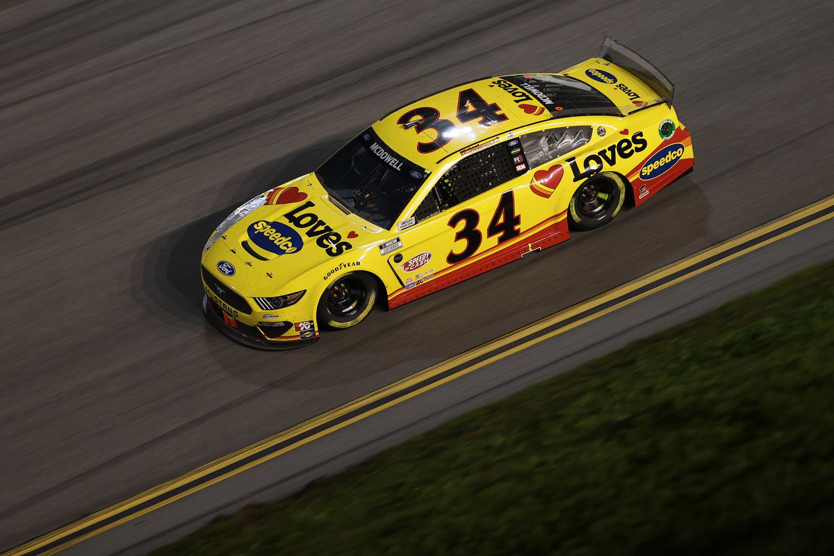 Michael McDowell, driver of the #34 Love’s Travel Stops Ford, drives during the NASCAR Cup Series 63rd Annual Daytona 500 at Daytona International Speedway on February 14, 2021 in Daytona Beach, Florida.