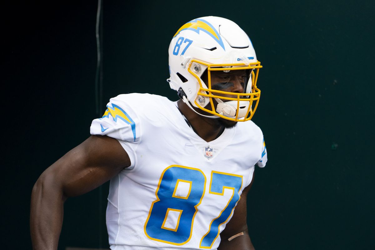 Jared Cook #87 of the Los Angeles Chargers makes his way onto the field prior to the game against the Philadelphia Eagles at Lincoln Financial Field on November 7, 2021 in Philadelphia, Pennsylvania.