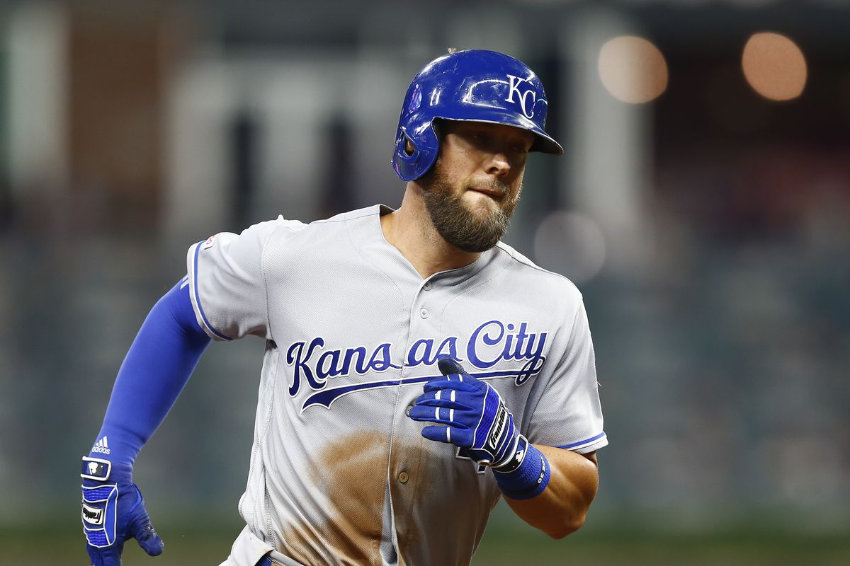 Left fielder Alex Gordon #4 of the Kansas City Royals runs the bases after hitting a solo home run in the sixth inning during the game against the Atlanta Braves at SunTrust Park on July 23, 2019 in Atlanta, Georgia.