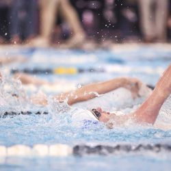Swimmers swim in men’s 200-yard individual medley at the 6A Swimming State Championships at Brigham Young University in Provo on Saturday, Feb. 19, 2022.