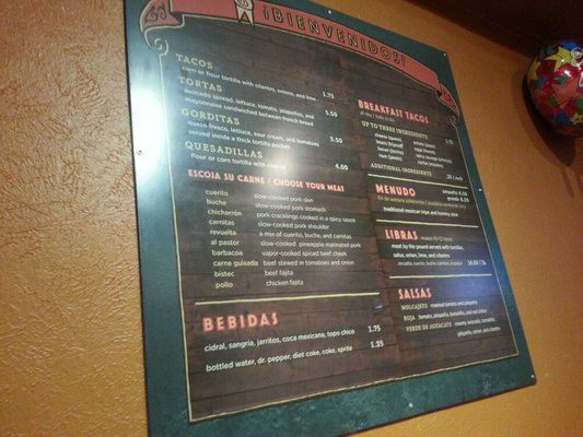 The menu at El Tacorrido