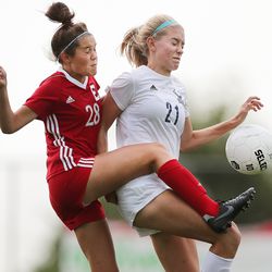 East’s Mia Feldman and Skyline’s Laura Cookson battle for the ball as they play to a 3-3 draw in overtime at East in Salt Lake City on Tuesday, Sept. 10, 2019.