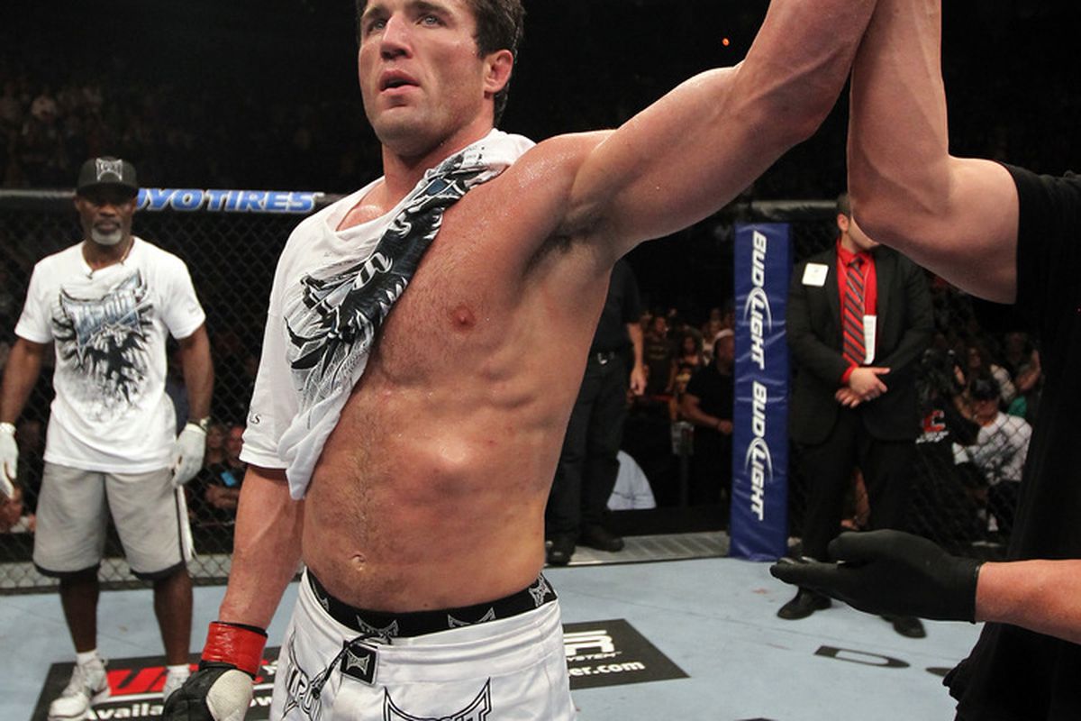 HOUSTON, TX - OCTOBER 08: Chael Sonnen reacts after defeating Brian Stann by submission during the UFC 136 event at Toyota Center on October 8, 2011 in Houston, Texas. (Photo by Nick Laham/Zuffa LLC/Zuffa LLC via Getty Images)