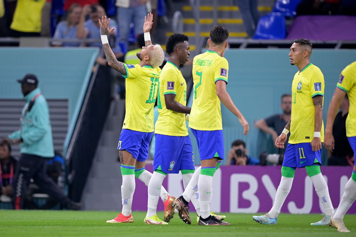 Neymar of Brazil celebrates 2-0 during the World Cup match between Brazil v Korea Republic at the Stadium 974 on December 5, 2022 in Doha Qatar.