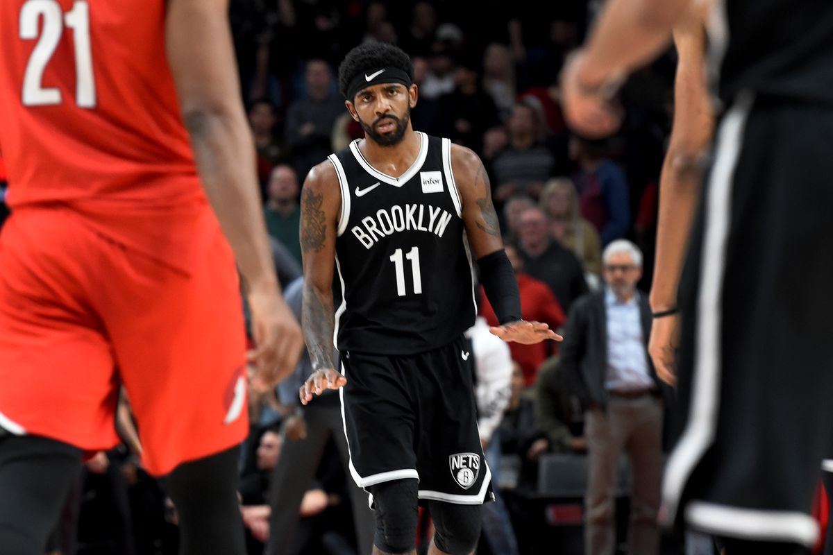 Brooklyn Nets guard Kyrie Irving reacts during the second half of the game against the Portland Trail Blazers at Moda Center.&nbsp;