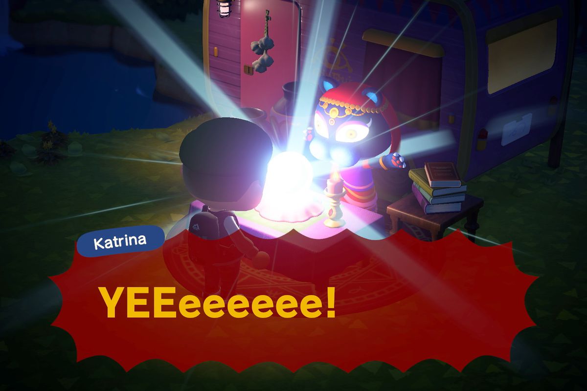 Katrina the fortune teller shouts “YEEeeeeee!” in a screenshot from Animal Crossing: New Horizons