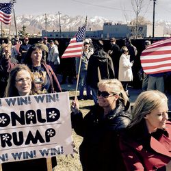 Donald Trump supporters wait outside the Infinity Event Center for Trump to speak in Salt Lake City on Friday, March 18, 2016.  