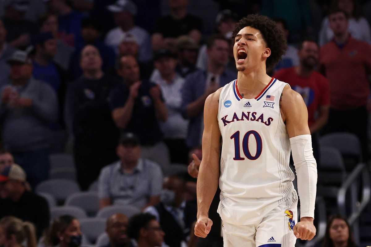 Jalen Wilson of the Kansas Jayhawks reacts in the second half of the game aginst the Creighton Bluejays during the second round of the 2022 NCAA Men’s Basketball Tournament at Dickies Arena on March 19, 2022 in Fort Worth, Texas.