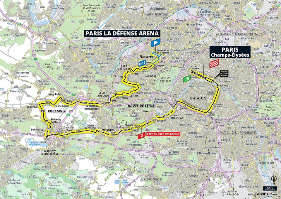 Image of map of Stage 21 of the 2022 Tour de France from Paris La Défense Arena to the Champs-Élysées.