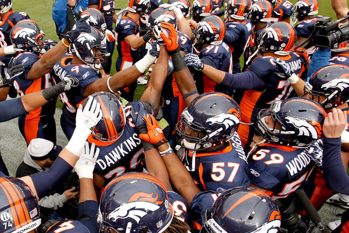 DENVER - NOVEMBER 28:  The Denver Broncos gather together before taking on the St. Louis Rams at INVESCO Field at Mile High on November 28 2010 in Denver Colorado. (Photo by Justin Edmonds/Getty Images)