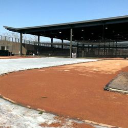 Snow covered bullpen mounds quiet this morning here at @SaltRiverFields as winter hits Scottsdale.