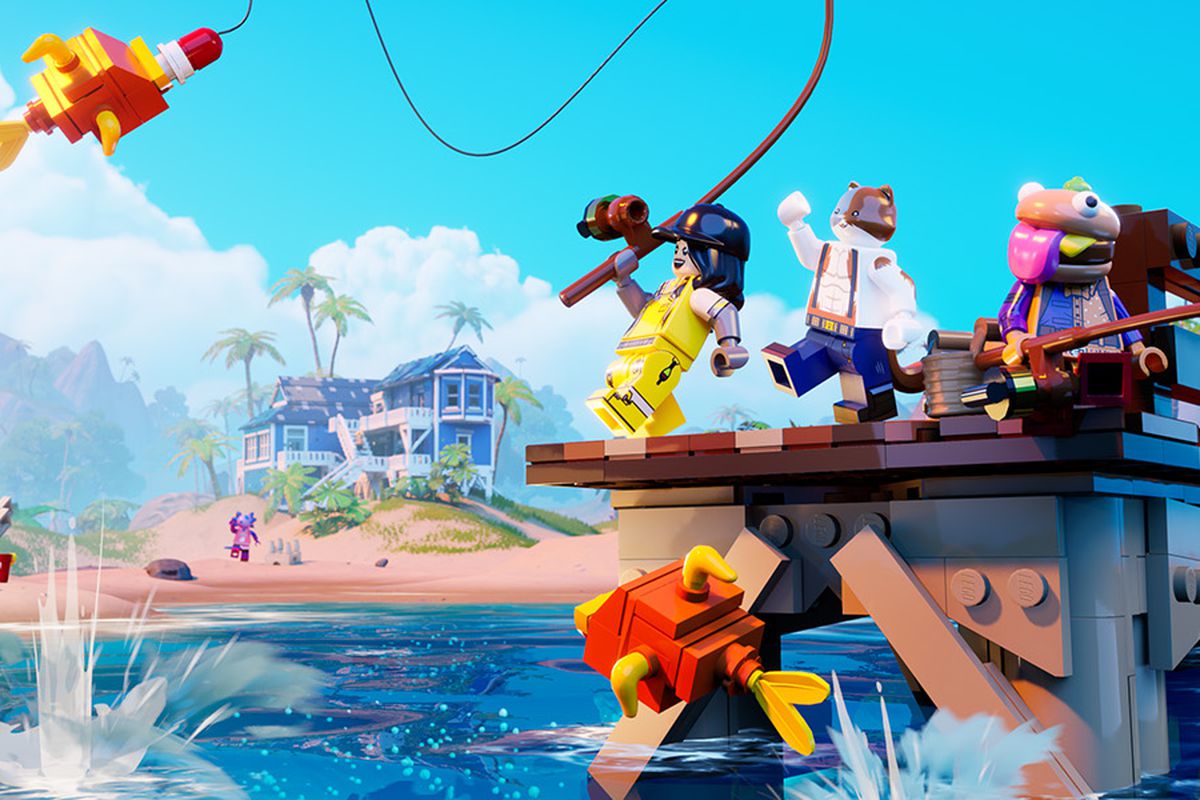 Lego Fortnite characters standing on a dock and fishing