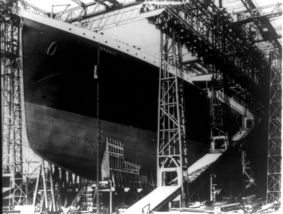 The Titanic, White Star, Liner on the stocks in Harland &amp; Wolff’s shipyard, 1911