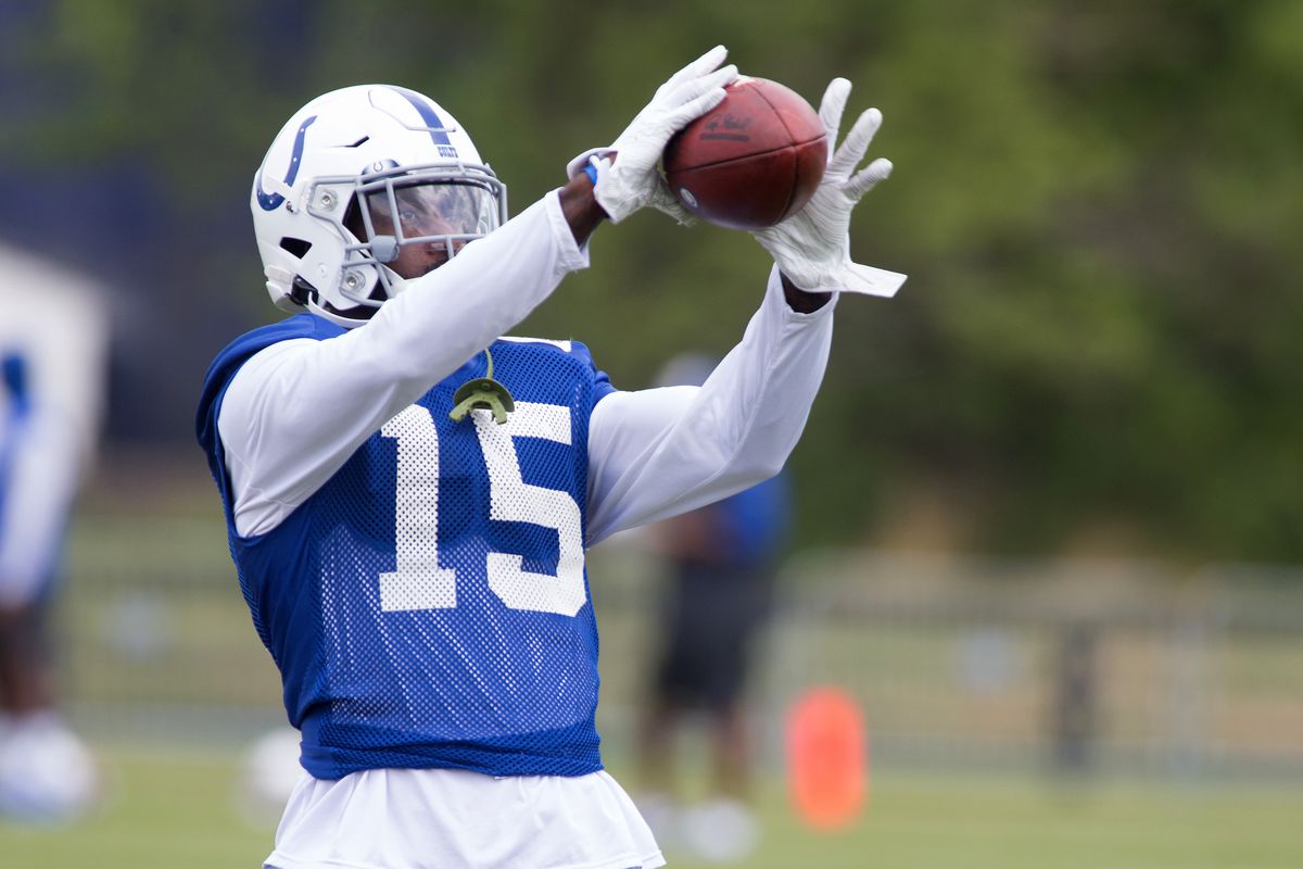 Parris Campbell #15 of the Indianapolis Colts runs through a drill during the Colts’ training camp at Grand Park on July 25, 2019 in Westfield, Indiana.