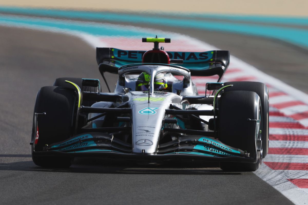Lewis Hamilton of Great Britain driving the (44) Mercedes AMG Petronas F1 Team W13 on track during practice ahead of the F1 Grand Prix of Abu Dhabi at Yas Marina Circuit on November 18, 2022 in Abu Dhabi, United Arab Emirates.