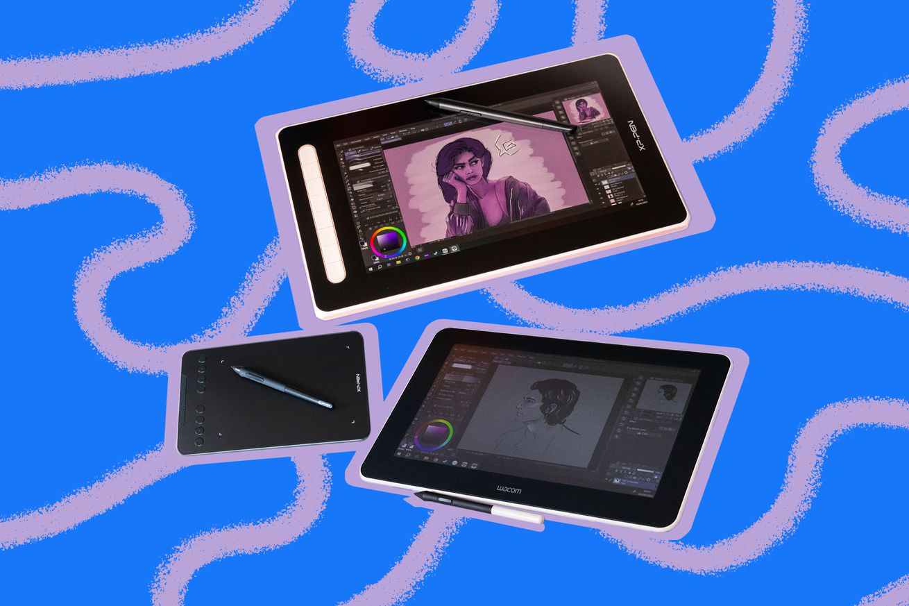 Photo illustration of three different drawing tablets on a swirly textured background.