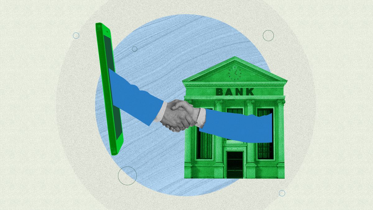 Graphic of a bank with shaking hands