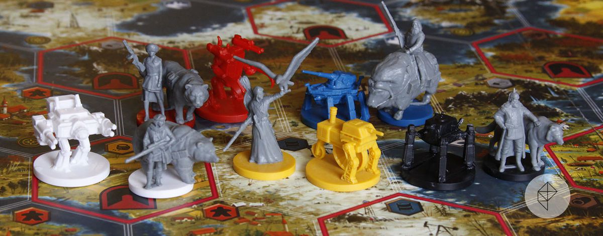 a photo of miniatures from the board game Scythe