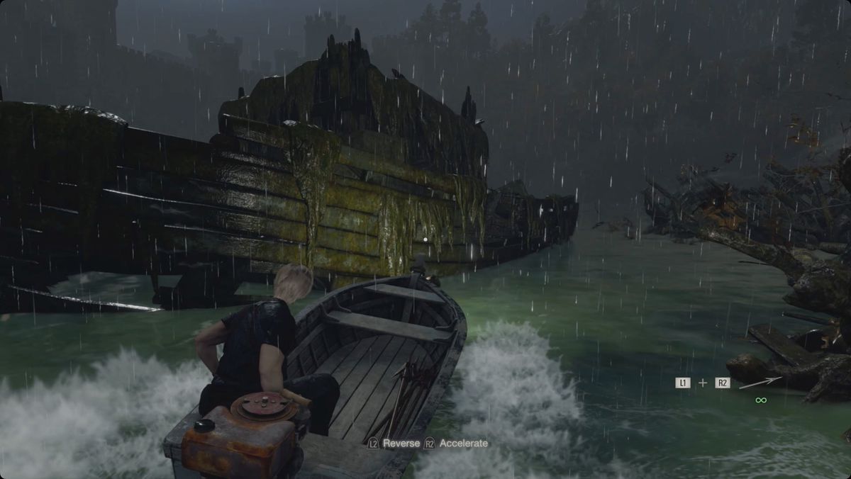 Resident Evil 4&nbsp;remake&nbsp;Leon boating up to the shipwreck in the middle of the Lake.