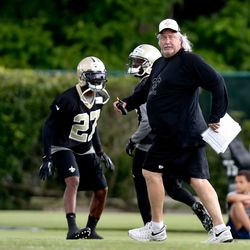 Jun 10, 2014; New Orleans, LA, USA; New Orleans Saints defensive coordinator Rob Ryan works with defensive back Champ Bailey (27) during minicamp at the New Orleans Saints Training Facility. Mandatory Credit: Derick E. Hingle-USA TODAY Sports