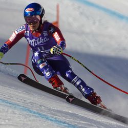 United States' Mikaela Shiffrin skis to place seventh in an alpine skiing, women's World Cup downhill in Cortina d'Ampezzo, Italy, Saturday, Jan. 20, 2018.