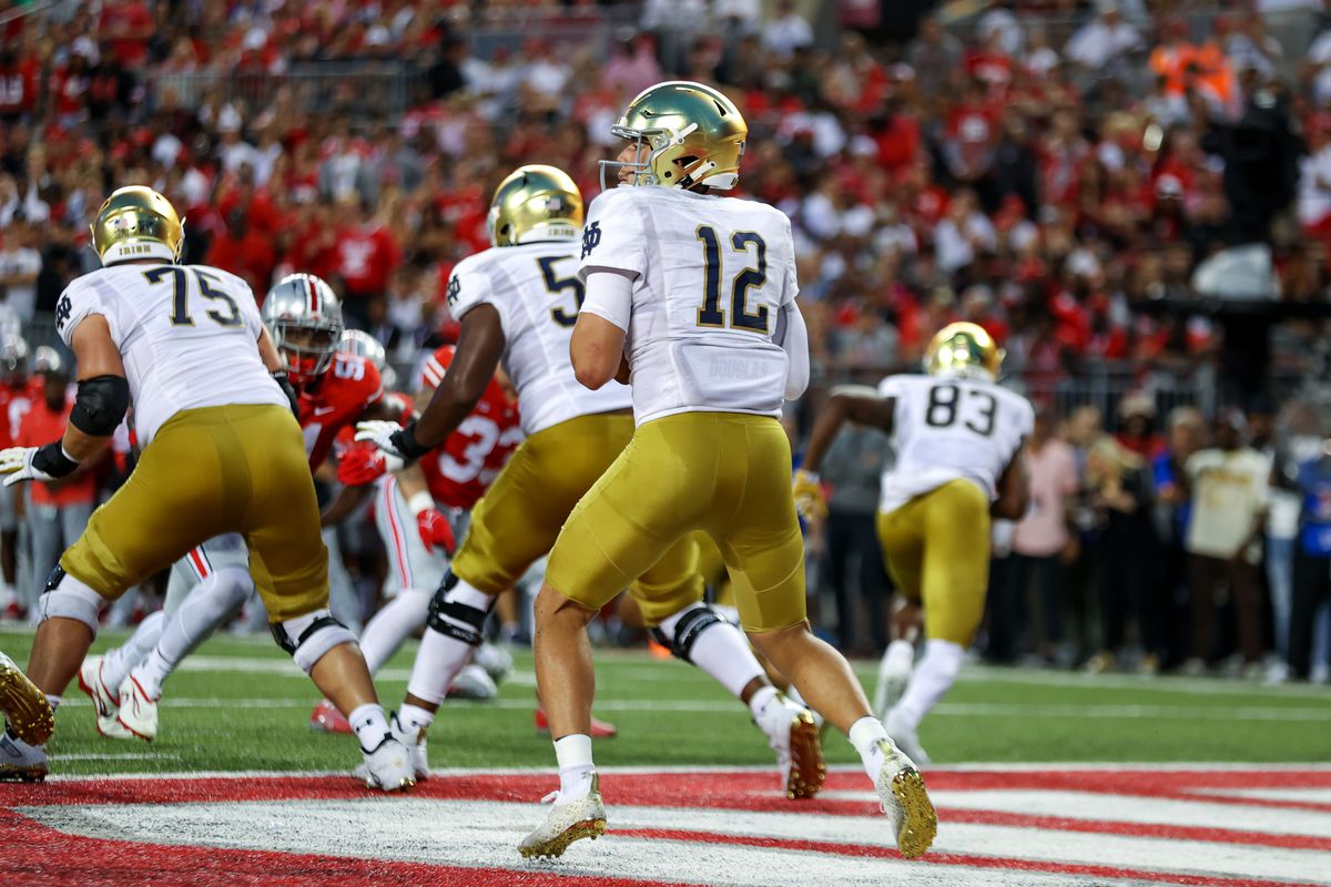 COLUMBUS, OH - SEPTEMBER 03: Notre Dame Fighting Irish quarterback Tyler Buchner (12) looks to pass during first quarter of the college football game between the Notre Dame Fighting Irish and Ohio State Buckeyes on September 3, 2022, at Ohio Stadium in Columbus, OH.