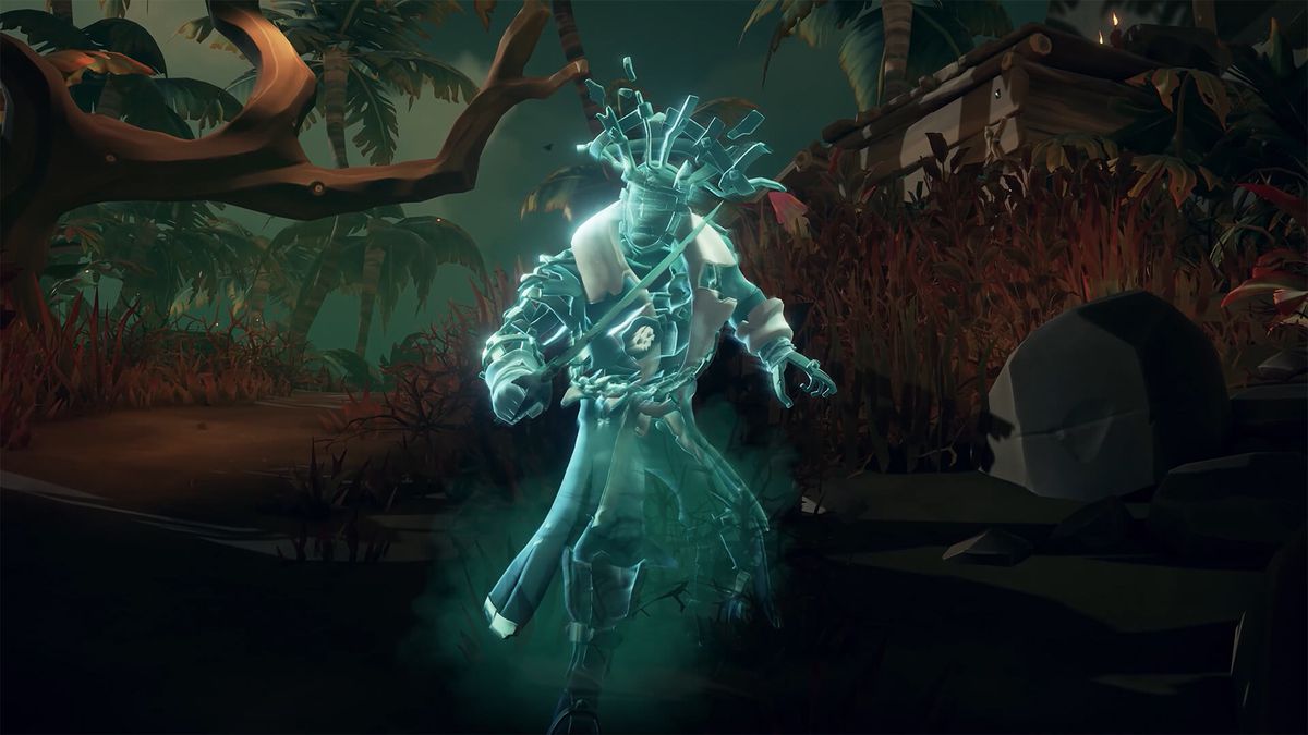 Sea of Thieves - a spectral phantasm with a wire frame over his head guards a sea fort