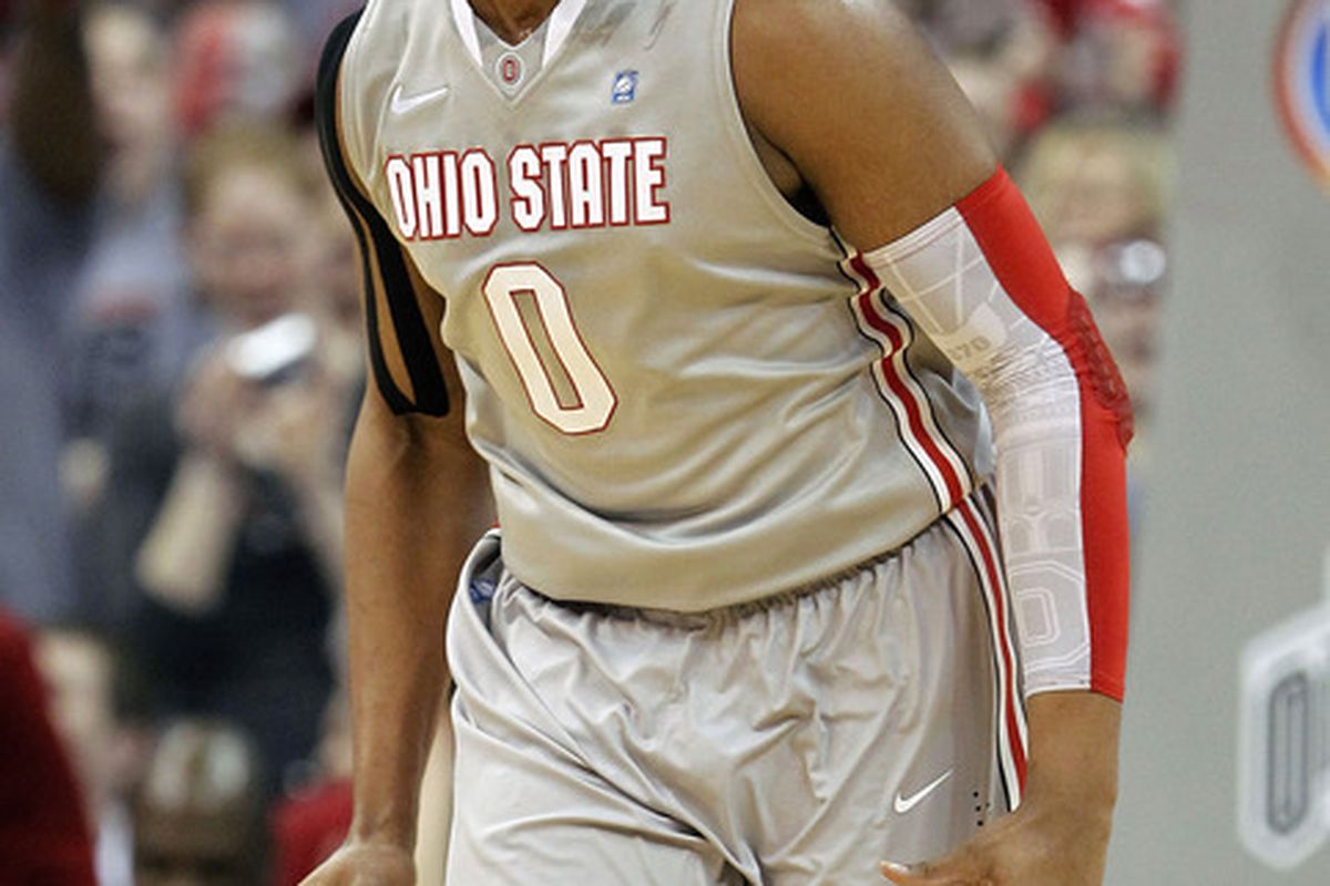 COLUMBUS, OH - MARCH 06: Jared Sullinger #0 of the Ohio State Buckeyes reacts after a first half dunk while playing the Wisconsin Badgers on March 6, 2011 at the Value City Arena in Columbus, Ohio.  (Photo by Gregory Shamus/Getty Images)