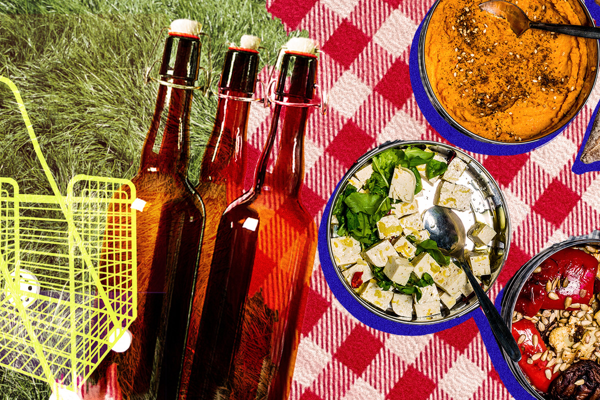 A yellow granny cart, red-and-white plaid picnic blanket, glass drinking bottles, and plates of food superimposed over grass. Photo collage.