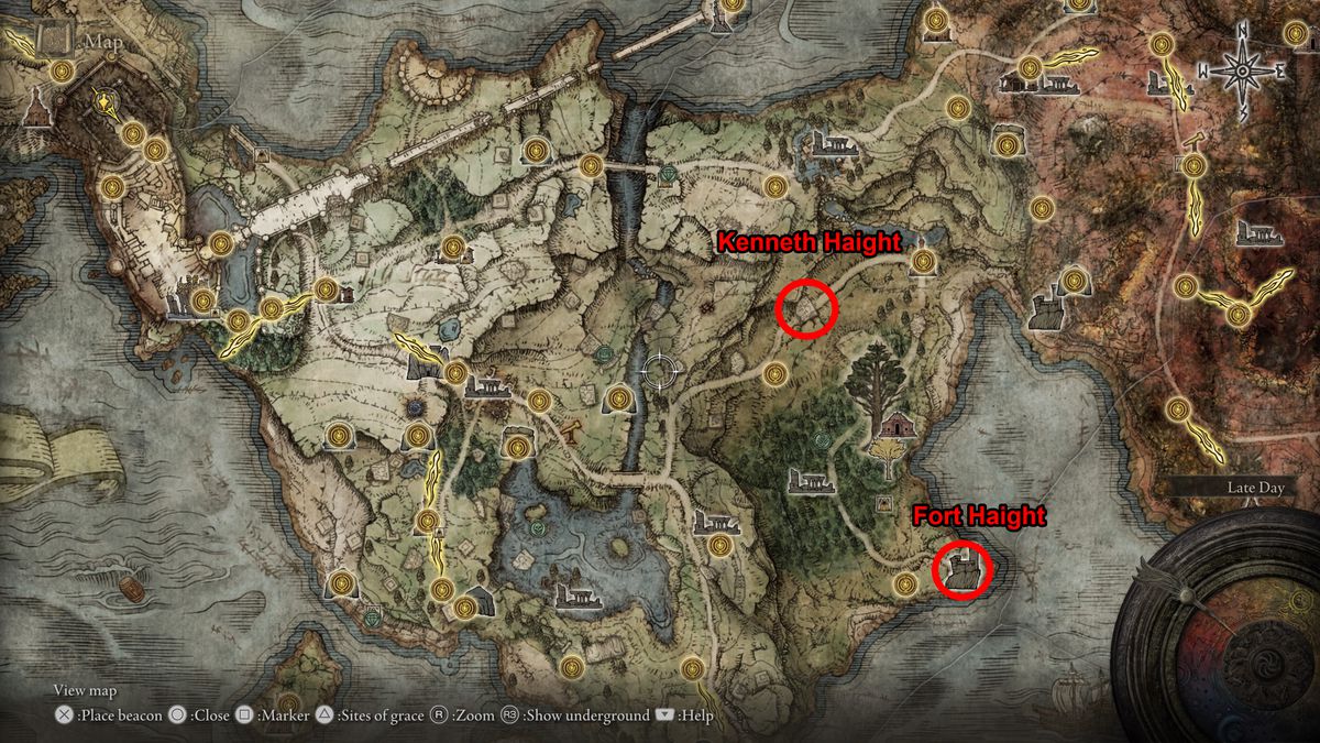 Elden Ring map showing the location of Kenneth Haight and Fort Haight, both part of Nepheli Loux’s questline. 