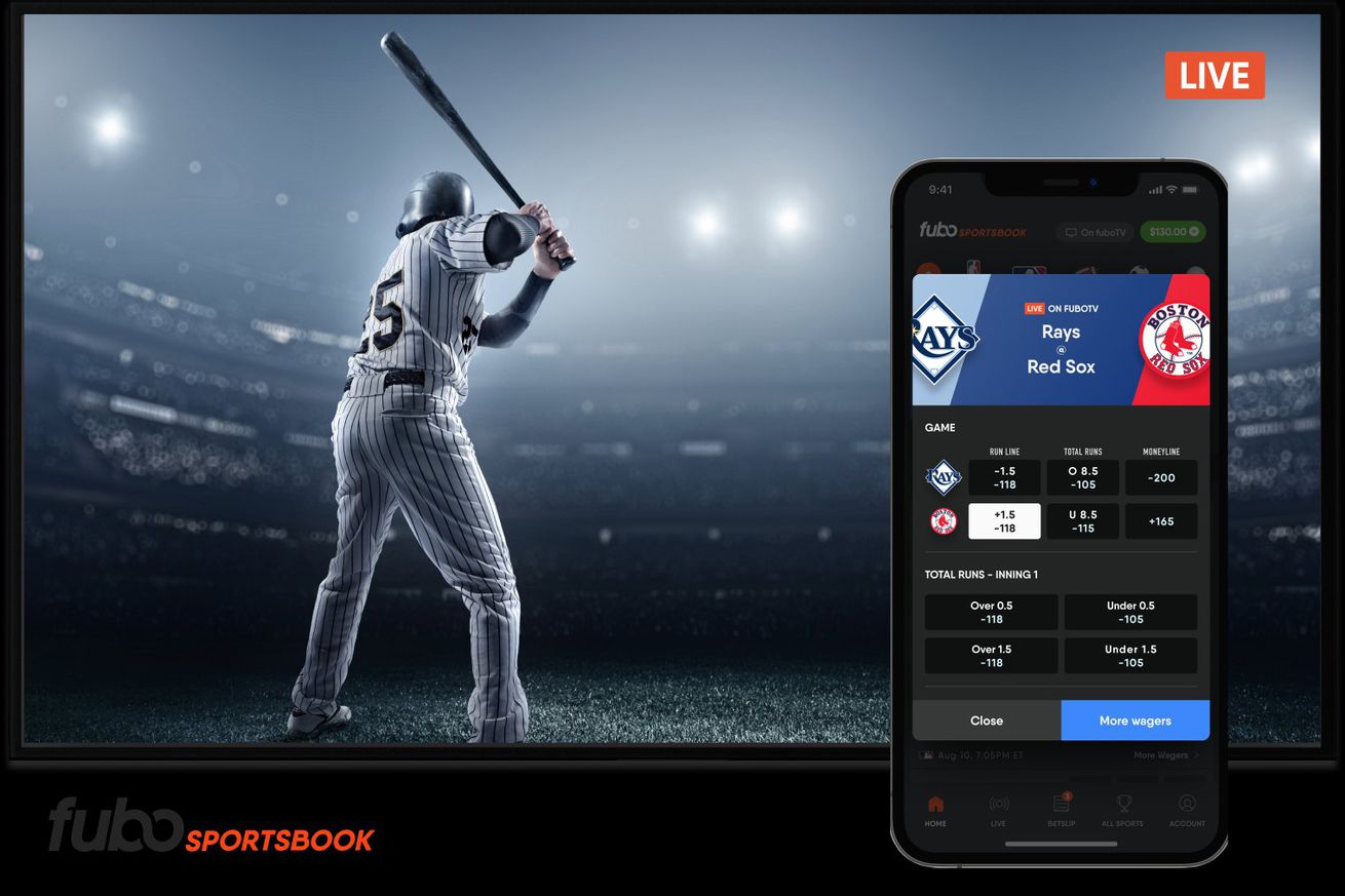 FuboTV Sportsbook app teaser, showing a baseball player posed as though they are about to swing at a pitch, next to an image of a phone displaying betting lines for two baseball teams, and options on what viewers can choose to place a wager on.