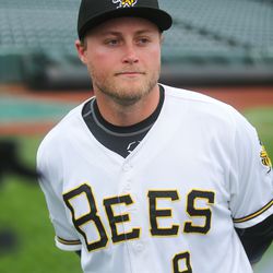Bees' Brennon Lund talks with media members as the Salt Lake Bees hold their media day at Smith's Ballpark on Tuesday, April 2, 2019.