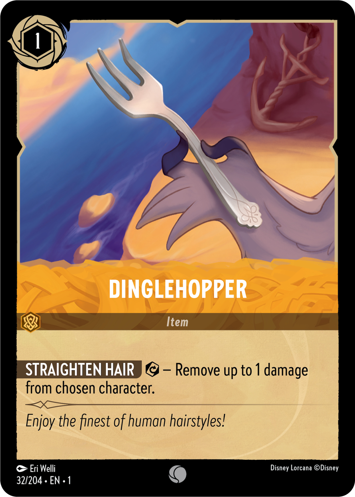 A seagull holding a fork. The dinglehopper card allows you to straighten your hair in Disney Lorcana, removing up to one damage.