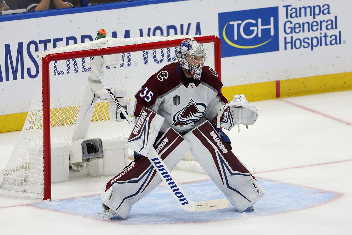 Darcy Kuemper #35 of the Colorado Avalanche in action during Game Six of the 2022 NHL Stanley Cup Final at Amalie Arena on June 26, 2022 in Tampa, Florida. The Avalanche defeated the Lightning 2-1.