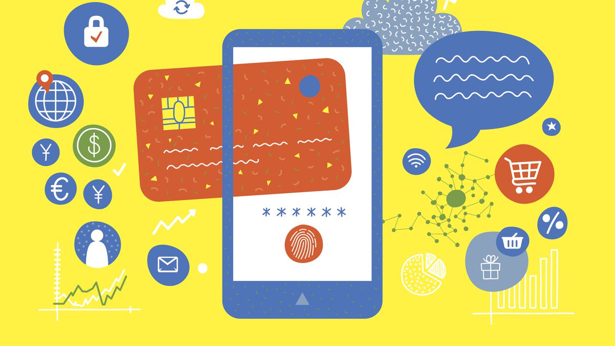 An abstract illustration of a phone with a credit card and various icons for shopping and travel.