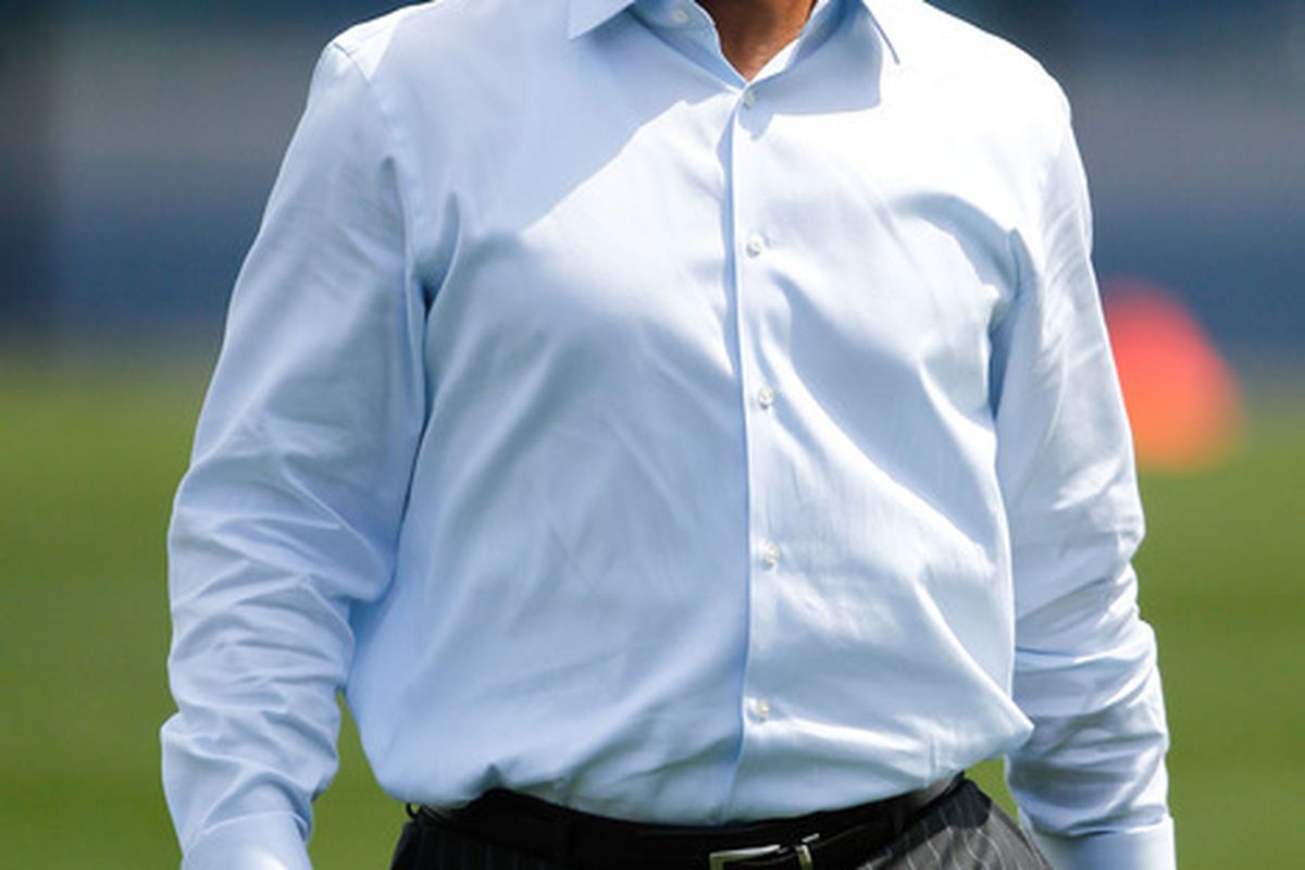 May 11, 2012; East Rutherford, NJ, USA; New York Giants general manager Jerry Reese walks off the field after minicamp at the Timex Performance Center. Debby Wong-US PRESSWIRE