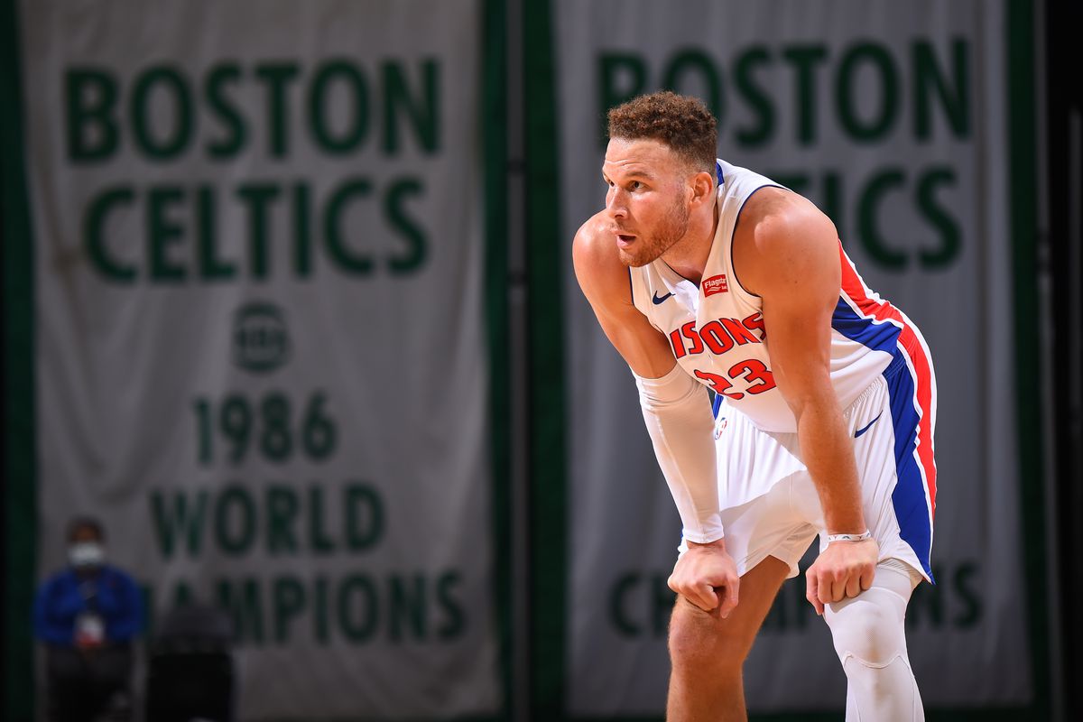 Blake Griffin of the Detroit Pistons looks on during the game against the Boston Celtics on February 12, 2021 at the TD Garden in Boston, Massachusetts.