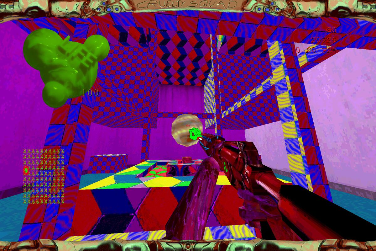 Cruelty Squad - The protagonist navigates through a purple, low resolution world. They are carrying a gun, and a large health bar takes up the top right of the screen.