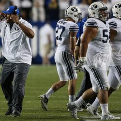 Brigham Young Cougars head coach Kalani Sitake calls out to his players in the final moments of a game against the Toledo Rockets at LaVell Edwards Stadium in Provo on Friday, Sept. 30, 2016.