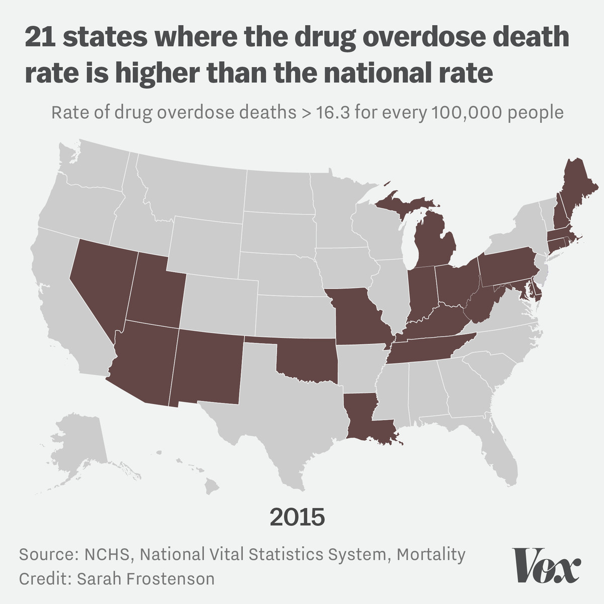 Map showing the 21 states that had a higher rate of drug overdose deaths than the national rate of 16.3 in 2015