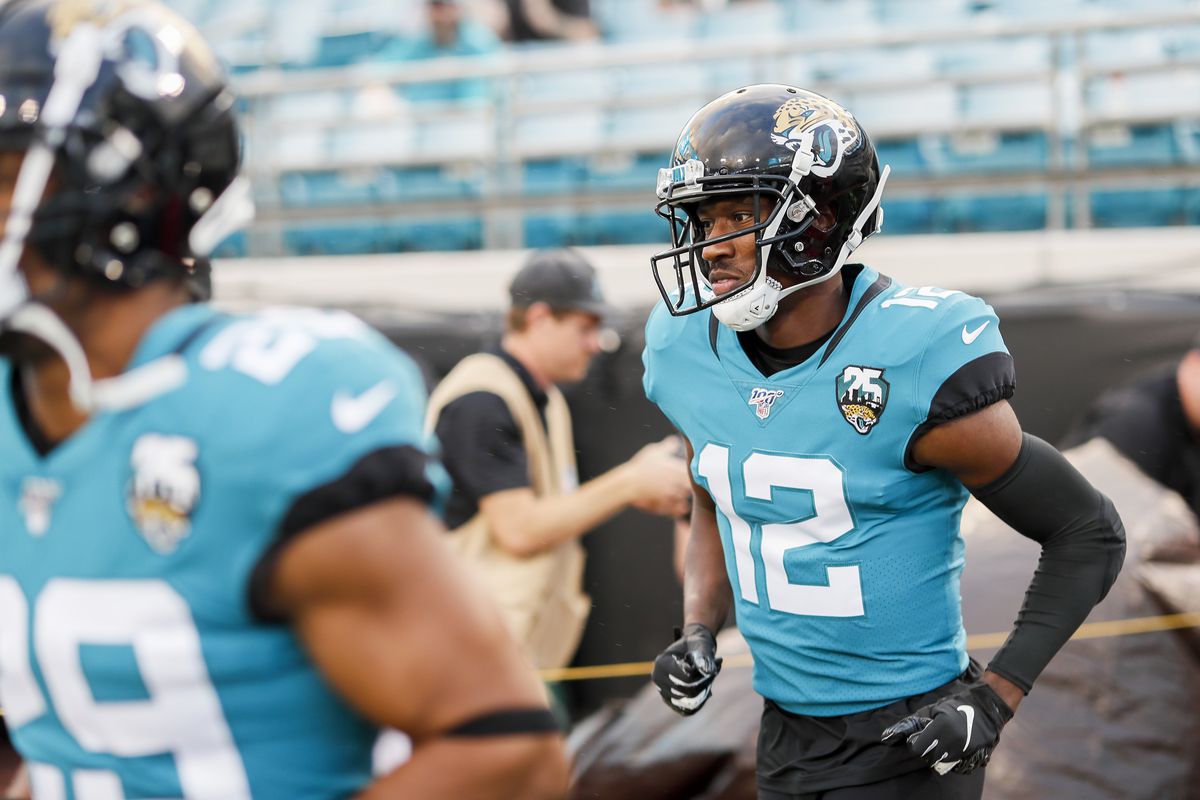 Dede Westbrook of the Jacksonville Jaguars enters the field for warmups before the start of a game against the Tennessee Titans at TIAA Bank Field on September 19, 2019 in Jacksonville, Florida.
