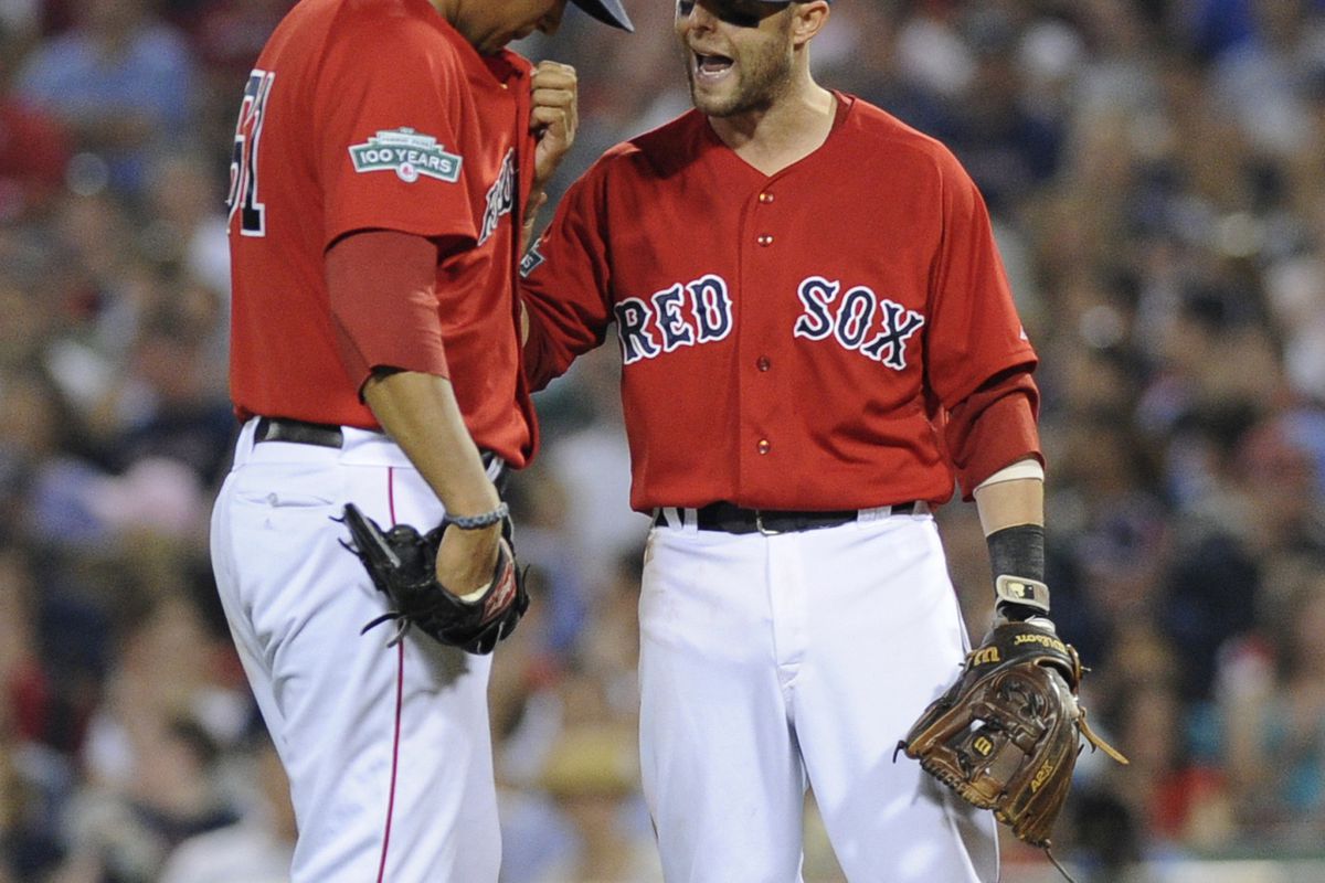 August 3, 2012; Boston, MA, USA; Boston Red Sox second baseman Dustin Pedroia (right) talks with starting pitcher Felix Doubront (61) during the sixth inning against the Minnesota Twins at Fenway Park. Mandatory Credit: Bob DeChiara-US PRESSWIRE